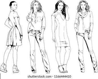 vector drawings on the theme of beautiful slim sporty girl in casual clothes in various poses painted ink hand sketch with no background
