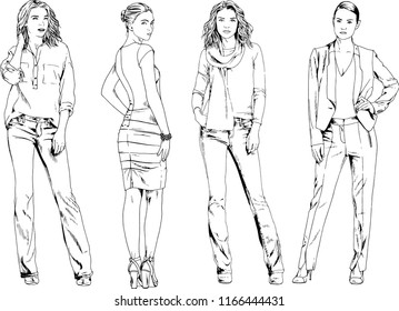 vector drawings on the theme of beautiful slim sporty girl in casual clothes in various poses painted ink hand sketch with no background