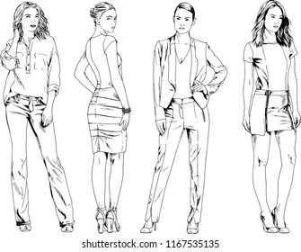 vector drawings on the theme of beautiful slim sporty girl in casual clothes in various poses painted ink hand sketch with no background