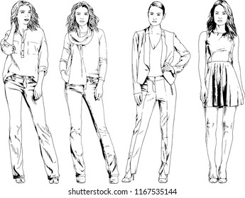 vector drawings on the theme of beautiful slim sporty girl in casual clothes in various poses painted ink hand sketch with no background