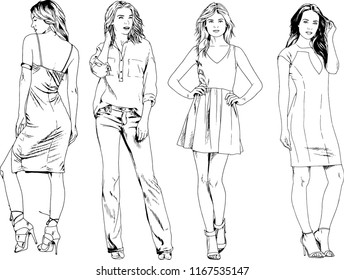 vector drawings on the theme of beautiful slim sporty girl in casual clothes in various poses painted ink hand sketch with no background