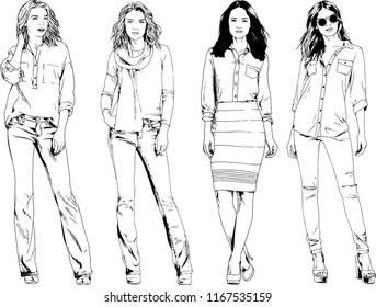 vector drawings on the theme of beautiful slim sporty girl in casual clothes in various poses painted ink hand sketch with no background