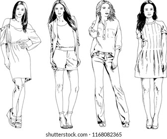 vector drawings on the theme of beautiful slim sporty girl in casual clothes in various poses painted ink hand sketch with no background
