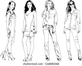 vector drawings on the theme of beautiful slim sporty girl in casual clothes in various poses painted ink hand sketch with no background
