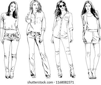 vector drawings on the theme of beautiful slim sporty girl in casual clothes in various poses painted ink hand sketch with no background
