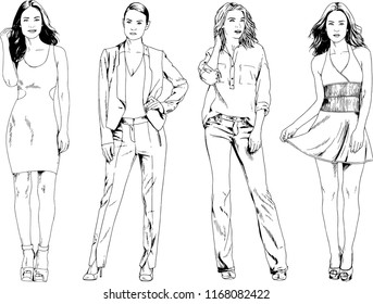 vector drawings on the theme of beautiful slim sporty girl in casual clothes in various poses painted ink hand sketch with no background
