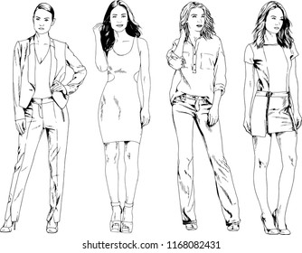vector drawings on the theme of beautiful slim sporty girl in casual clothes in various poses painted ink hand sketch with no background
