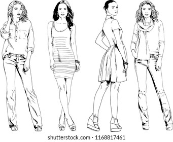 vector drawings on the theme of beautiful slim sporty girl in casual clothes in various poses painted ink hand sketch with no background