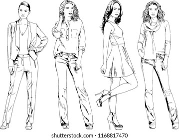 vector drawings on the theme of beautiful slim sporty girl in casual clothes in various poses painted ink hand sketch with no background