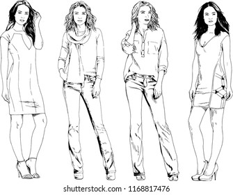 vector drawings on the theme of beautiful slim sporty girl in casual clothes in various poses painted ink hand sketch with no background