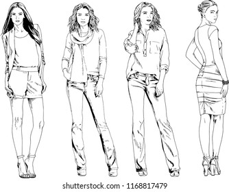 vector drawings on the theme of beautiful slim sporty girl in casual clothes in various poses painted ink hand sketch with no background
