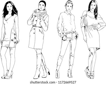 vector drawings on the theme of beautiful slim sporty girl in casual clothes in various poses painted ink hand sketch with no background