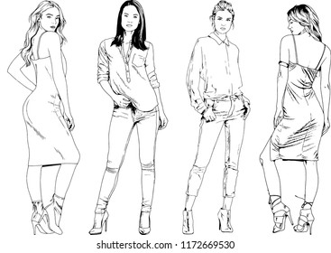 vector drawings on the theme of beautiful slim sporty girl in casual clothes in various poses painted ink hand sketch with no background
