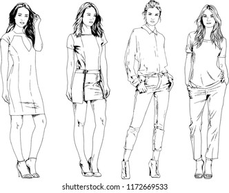 vector drawings on the theme of beautiful slim sporty girl in casual clothes in various poses painted ink hand sketch with no background