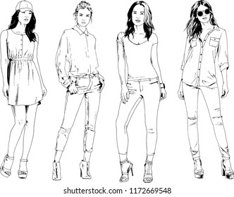 vector drawings on the theme of beautiful slim sporty girl in casual clothes in various poses painted ink hand sketch with no background