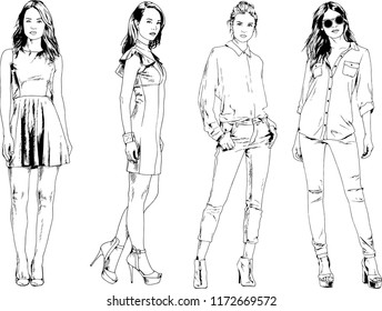 vector drawings on the theme of beautiful slim sporty girl in casual clothes in various poses painted ink hand sketch with no background