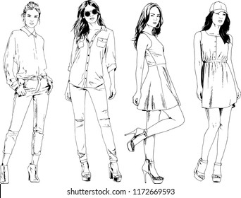 vector drawings on the theme of beautiful slim sporty girl in casual clothes in various poses painted ink hand sketch with no background