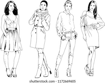 vector drawings on the theme of beautiful slim sporty girl in casual clothes in various poses painted ink hand sketch with no background
