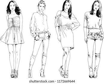 vector drawings on the theme of beautiful slim sporty girl in casual clothes in various poses painted ink hand sketch with no background