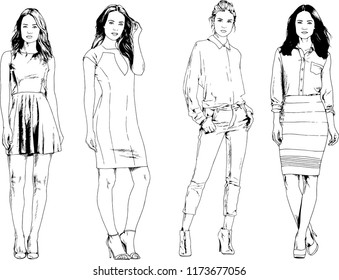 vector drawings on the theme of beautiful slim sporty girl in casual clothes in various poses painted ink hand sketch with no background