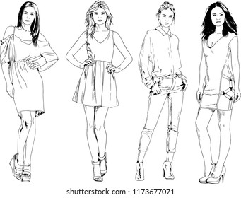 vector drawings on the theme of beautiful slim sporty girl in casual clothes in various poses painted ink hand sketch with no background