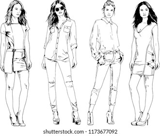 vector drawings on the theme of beautiful slim sporty girl in casual clothes in various poses painted ink hand sketch with no background