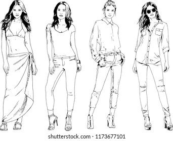 vector drawings on the theme of beautiful slim sporty girl in casual clothes in various poses painted ink hand sketch with no background