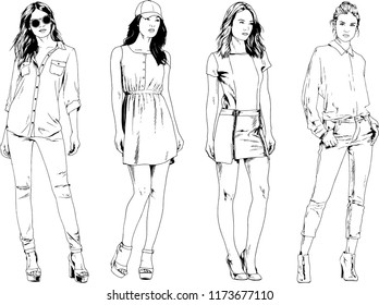 vector drawings on the theme of beautiful slim sporty girl in casual clothes in various poses painted ink hand sketch with no background