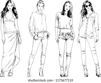 vector drawings on the theme of beautiful slim sporty girl in casual clothes in various poses painted ink hand sketch with no background