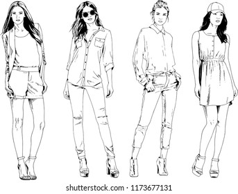 vector drawings on the theme of beautiful slim sporty girl in casual clothes in various poses painted ink hand sketch with no background