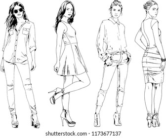 vector drawings on the theme of beautiful slim sporty girl in casual clothes in various poses painted ink hand sketch with no background