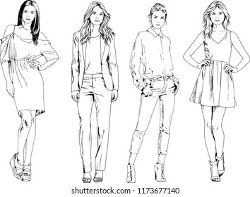 vector drawings on the theme of beautiful slim sporty girl in casual clothes in various poses painted ink hand sketch with no background