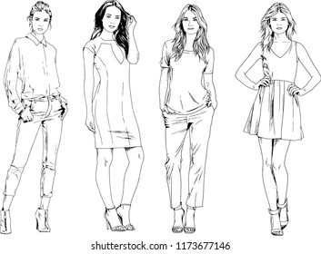 vector drawings on the theme of beautiful slim sporty girl in casual clothes in various poses painted ink hand sketch with no background