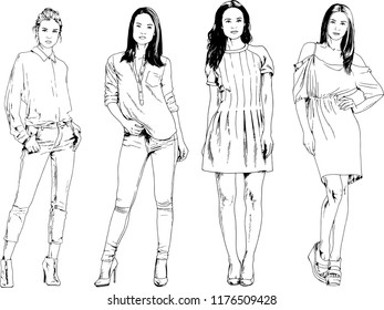 vector drawings on the theme of beautiful slim sporty girl in casual clothes in various poses painted ink hand sketch with no background