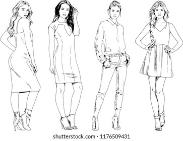 vector drawings on the theme of beautiful slim sporty girl in casual clothes in various poses painted ink hand sketch with no background