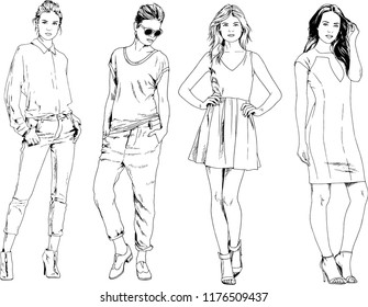vector drawings on the theme of beautiful slim sporty girl in casual clothes in various poses painted ink hand sketch with no background