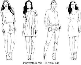 vector drawings on the theme of beautiful slim sporty girl in casual clothes in various poses painted ink hand sketch with no background