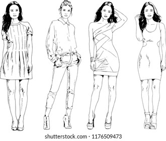vector drawings on the theme of beautiful slim sporty girl in casual clothes in various poses painted ink hand sketch with no background