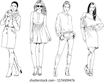 vector drawings on the theme of beautiful slim sporty girl in casual clothes in various poses painted ink hand sketch with no background
