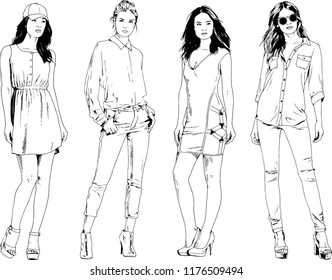 vector drawings on the theme of beautiful slim sporty girl in casual clothes in various poses painted ink hand sketch with no background