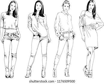 vector drawings on the theme of beautiful slim sporty girl in casual clothes in various poses painted ink hand sketch with no background
