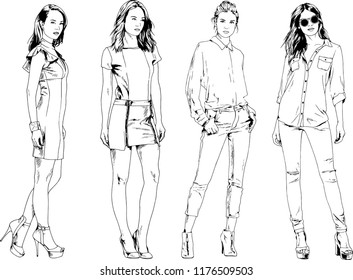 vector drawings on the theme of beautiful slim sporty girl in casual clothes in various poses painted ink hand sketch with no background