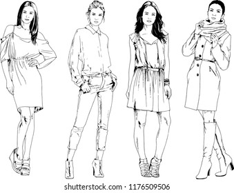 vector drawings on the theme of beautiful slim sporty girl in casual clothes in various poses painted ink hand sketch with no background