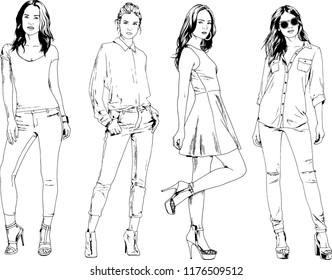 vector drawings on the theme of beautiful slim sporty girl in casual clothes in various poses painted ink hand sketch with no background