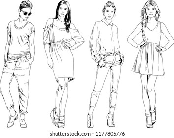 vector drawings on the theme of beautiful slim sporty girl in casual clothes in various poses painted ink hand sketch with no background