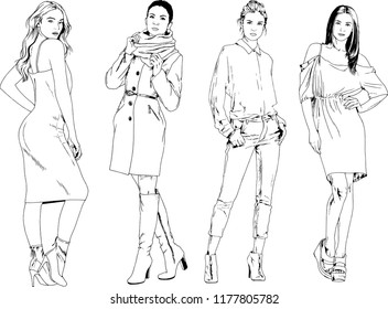 vector drawings on the theme of beautiful slim sporty girl in casual clothes in various poses painted ink hand sketch with no background