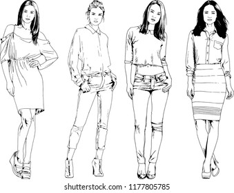 vector drawings on the theme of beautiful slim sporty girl in casual clothes in various poses painted ink hand sketch with no background