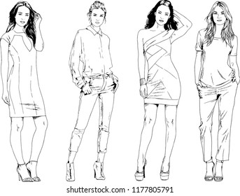 vector drawings on the theme of beautiful slim sporty girl in casual clothes in various poses painted ink hand sketch with no background