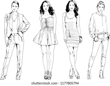 vector drawings on the theme of beautiful slim sporty girl in casual clothes in various poses painted ink hand sketch with no background