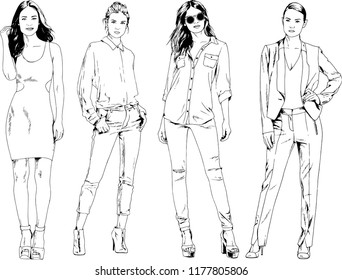 vector drawings on the theme of beautiful slim sporty girl in casual clothes in various poses painted ink hand sketch with no background